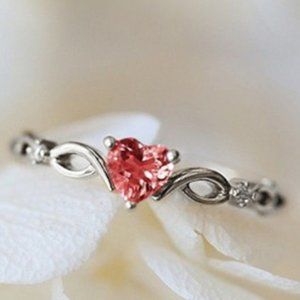 💝 Silver Red Heart Dainty Anillos Princess Diamond Ring for Women, VIP256